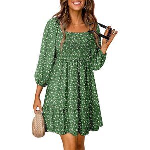 Women Fall Boho Floral Square Neck Smocked A-Line Swing Mini Dress